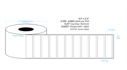 [103649-3X8-RZ6-138-1000000] 4.5" x 1.3" SATIN Polypropylene BOPP {SQUARE CORNERS} Roll Labels  (3"CORE/8"OD)