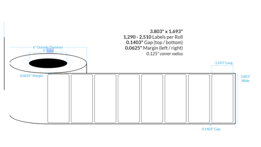 [100277-3X6-RZ6-184-1000000] 3.803" x 1.693" SATIN Polypropylene BOPP {ROUNDED CORNERS} Roll Labels (3"CORE/6"OD)