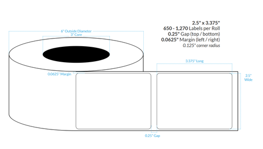 [101476-3X6-RZ6-184-1000000] 2.5" x 3.375" SATIN Polypropylene BOPP {ROUNDED CORNERS} Roll Labels (3"CORE/6"OD)