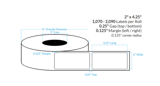 [100719-3X8-G11-161-1000000] 2" x 4.25" MATTE WHITE PAPER {ROUNDED CORNERS} Roll Labels  (3"CORE/8"OD)