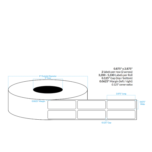 [102036-3X8-R2B-129-2000000] 0.875" X 2.875" HIGH GLOSS WHITE PAPER {2-ACROSS ROUNDED CORNERS} Roll Labels (3"CORE/8"OD)