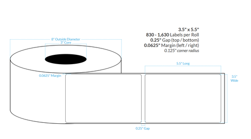 [100758-3X8-R483-182-1000000] 3.5" x 5.5" MATTE Polypropylene (BOPP) {ROUNDED CORNERS} Roll Labels  (3"CORE/8"OD)