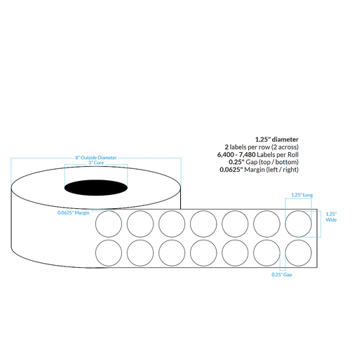 [100333-3X8-R31-182-2110000] 1.25" 2 ACROSS HIGH GLOSS WHITE POLY (BOPP) {CIRCLE} Roll Labels (3"CORE/8"OD)