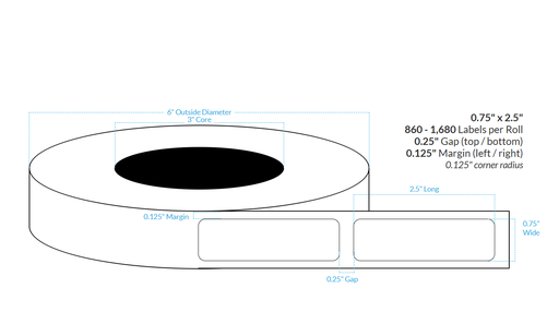 [102896-3X6-G11-153-1000000] .75" x 2.5" MATTE WHITE PAPER {ROUNDED CORNERS} Roll Labels  (3"CORE/6"OD)