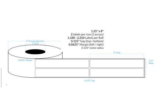 [100628-3X8-R483-129-2000000] 1.25" x 8" MATTE WHITE Polypropylene BOPP {ROUNDED CORNERS} Roll Labels  (3"CORE/8"OD)