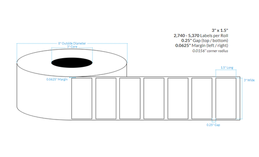 [101852-3X8-HGWP-129-1000000] 3" x 1.5" HIGH GLOSS WHITE PAPER {RECTANGLE} Roll Labels (3" Core/8" OD)