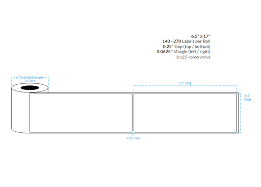 [100997-3X6-SGWP-151-1100000] 6.5" x 17" SEMI GLOSS WHITE PAPER {ROUNDED CORNERS/MATRIX OFF/TIMING MARKS} Roll Labels (3"CORE/8"OD)