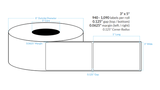 [100537-3X8-RHGB-161-1000000] 3" x 5" REMOVABLE HIGH GLOSS Polypropylene BOPP {ROUNDED CORNERS} Roll Labels  (3"CORE/8"OD)