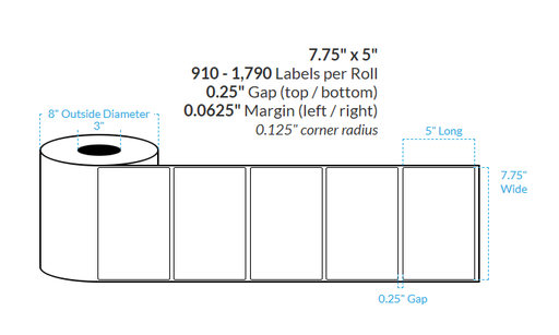 [102224-3X8-MWB-182-1000000] 7.75" x 5" MATTE WHITE Polypropylene BOPP {ROUNDED CORNERS} Roll Labels  (3"CORE/8"OD)