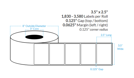 [100927-3X8-MWB-182-1000000] 3.5" x 2.5" MATTE WHITE Polypropylene (BOPP) {ROUNDED CORNERS} Roll Labels  (3"CORE/8"OD)