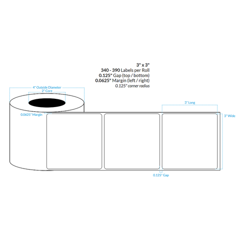 [100603-2X4-PHGWB-195-1000000] 3" x 3" PREMIUM HIGH GLOSS WHITE Polypropylene BOPP {ROUNDED CORNERS} Roll Labels  (2"CORE/4"OD)