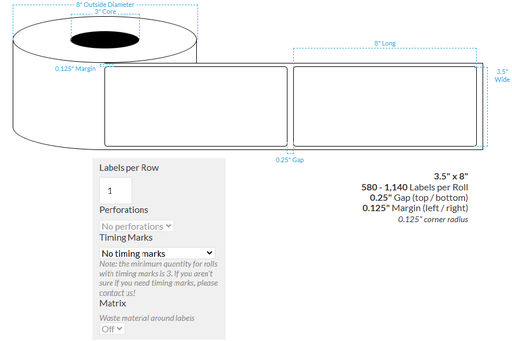 [102462-3X8-HGB-129-1000000] 3.5" x 8" HIGH GLOSS WHITE Polypropylene BOPP {SQUARE} Roll Labels  (3"CORE/8"OD)